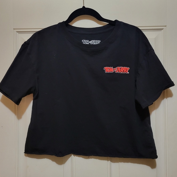 Tom & Jerry Raw Edge Cutoff Cropped Short Sleeve Tee Shirt - Picture 2 of 3